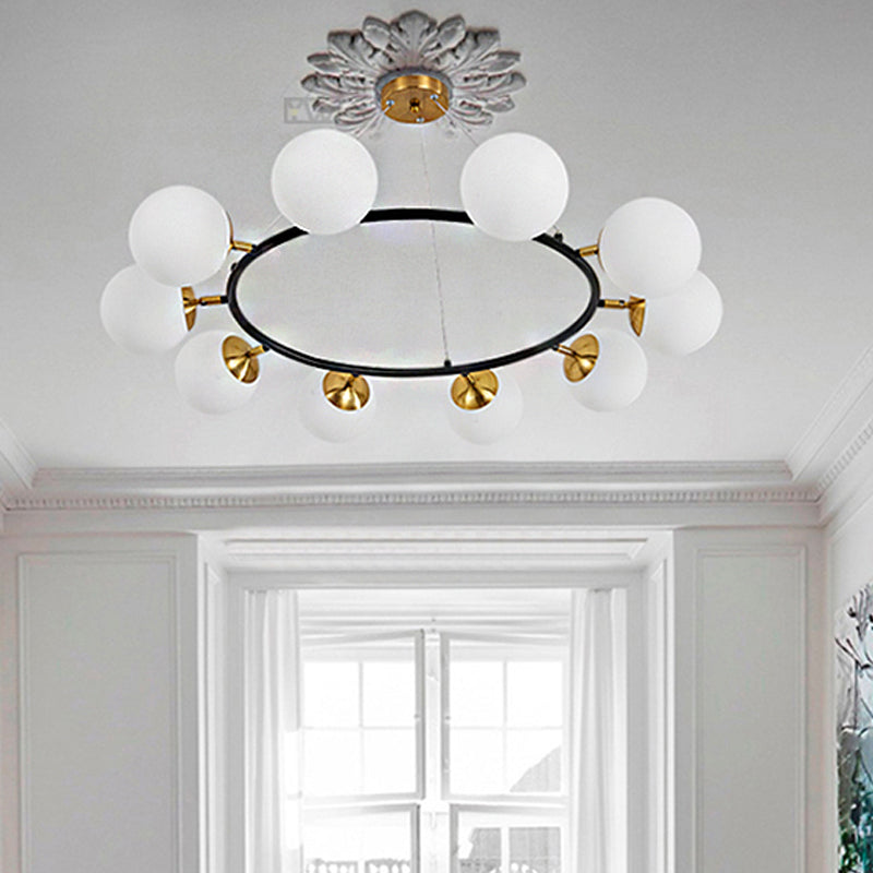 Modern 10-Light Milk White Glass Chandelier With 39 Wide Sphere - Black Ceiling Pendant