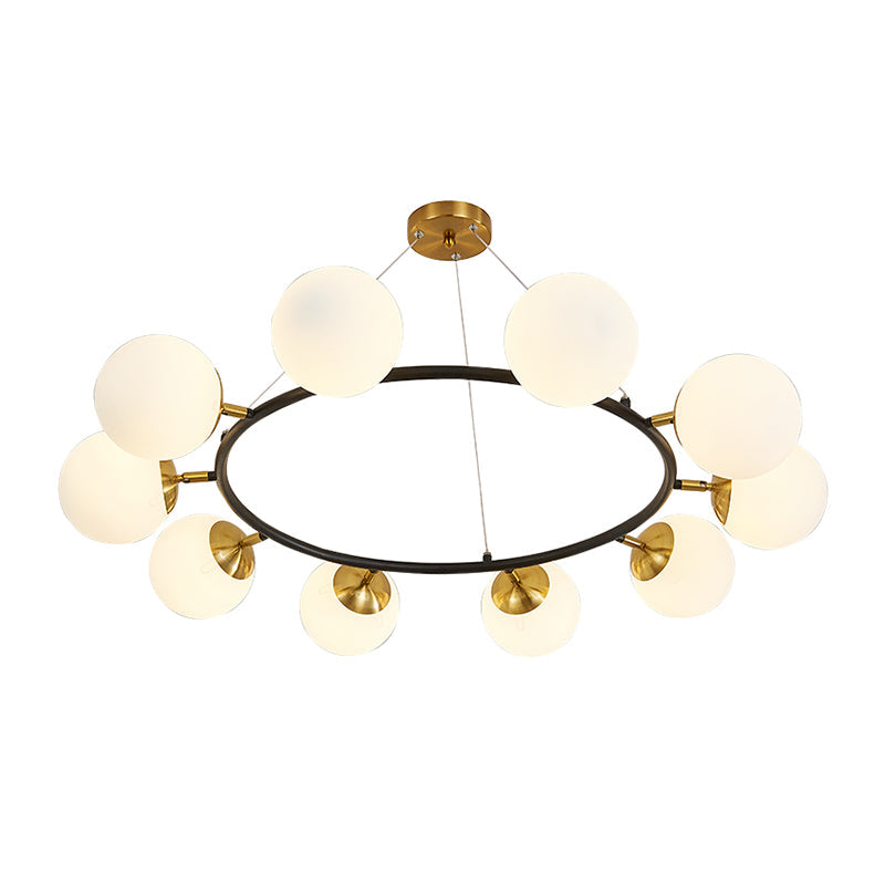 Modern 39’ Wide Milk White Glass Chandelier With 10 Lights- Black Ceili