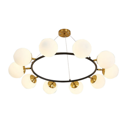 Modern 10-Light Milk White Glass Chandelier With 39 Wide Sphere - Black Ceiling Pendant