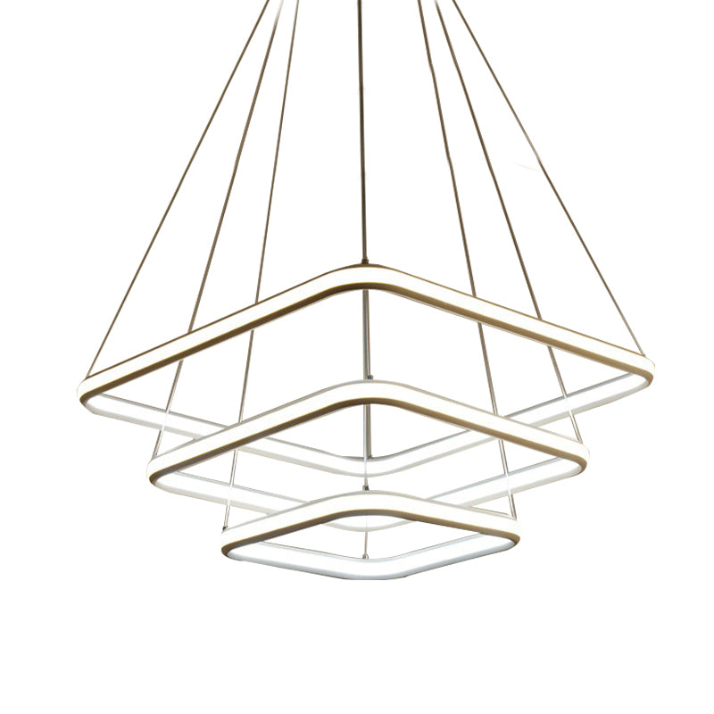Sleek White Acrylic Hanging Chandelier With Layered Square Design Led Ceiling Pendant In White/Warm