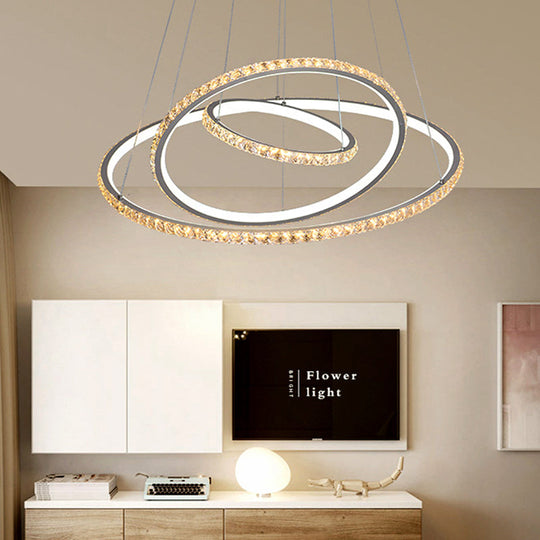 Led Crystal Chandelier Light Fixture Modern Gold/Silver Ceiling Pendant With 3 Rings Warm And White