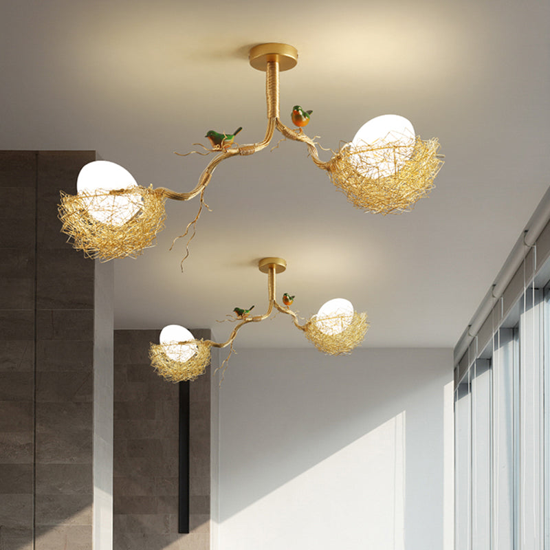 Artistry Milk White Glass Ball Chandelier Pendant With Birds And Hand-Sewn Aluminum Nest -