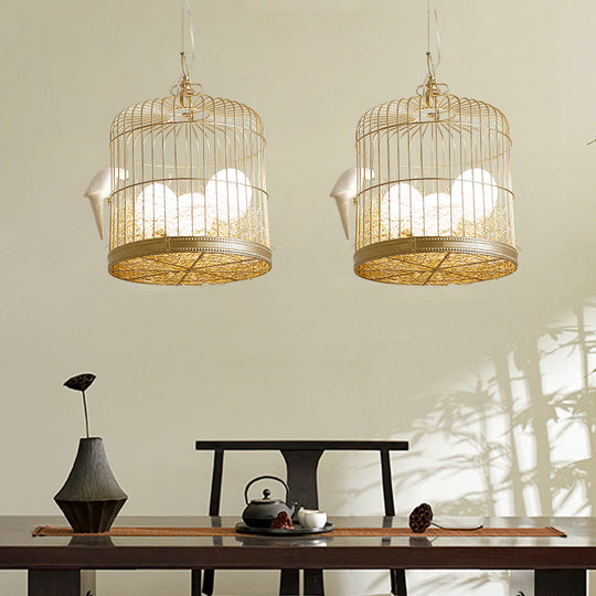 Rustic Matte White Glass Chandelier: Elegant Egg Shaped Hanging Light Fixture With Birdcage Design