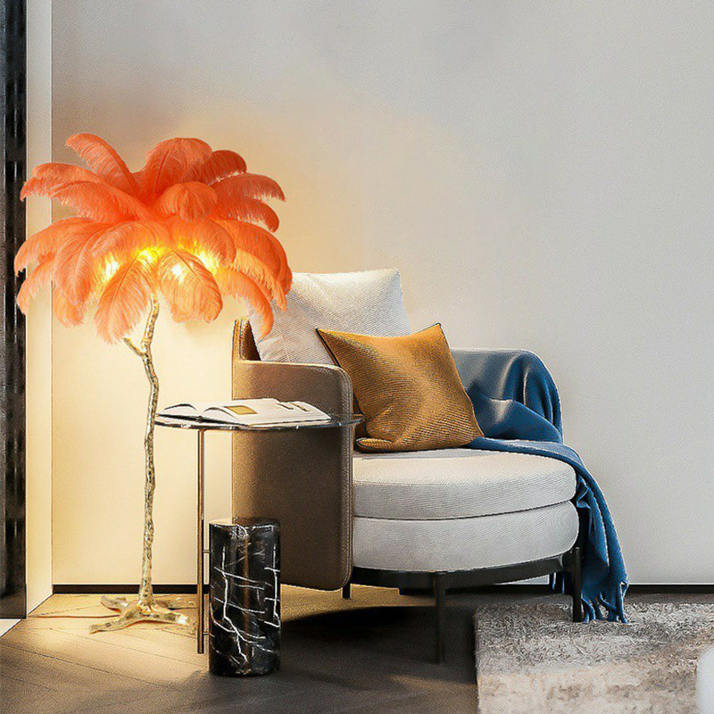 Contemporary Tree-Shape Stand Up Floor Light With 5 Feather Bulbs For Living Room Yellow-Red / Small