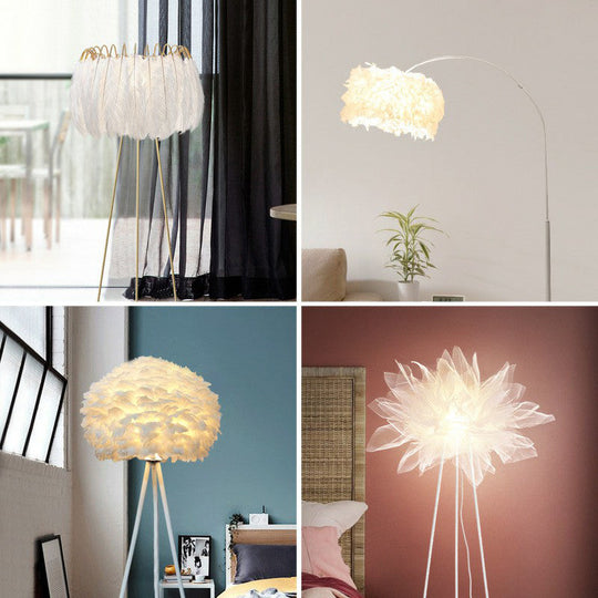 Nordic Style Tripod Floor Lamp With Feather Shade Metal Stand White