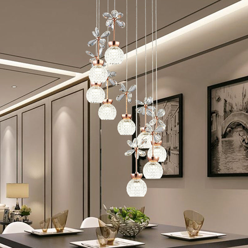 Rose Gold Floral Staircase Led Pendant With Crystal Dome Shade 9 / White