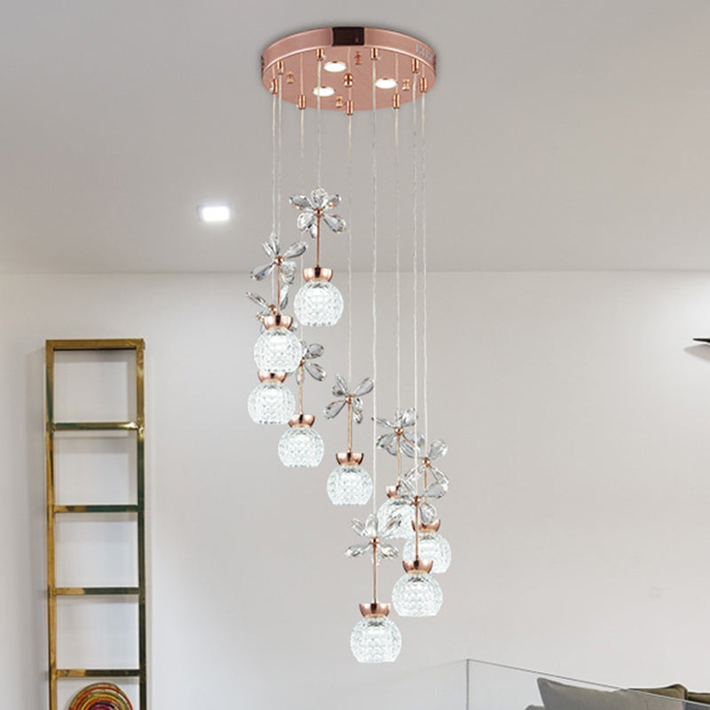 Rose Gold Floral Staircase Multi-Light Pendant With Led Dome Shade