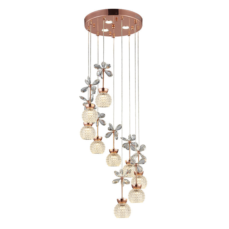 Rose Gold Floral Staircase Multi-Light Pendant With Led Dome Shade