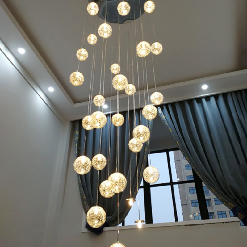 Modern Tan Glass Sphere Shade Suspension Light With Chrome Finish - 30 Bulbs Pendant