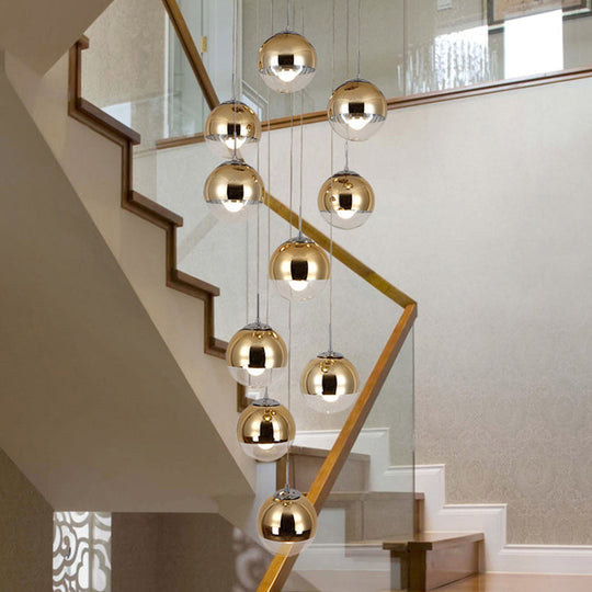 Aurora - Mirrored Glass Round Shade Suspension Light Simplicity 10 Heads Multi Pendant Lighting