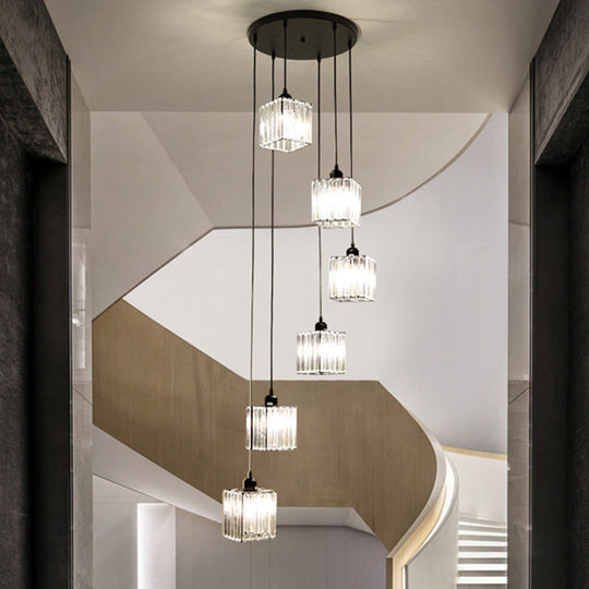 Modern Black Crystal Spiral Cube Pendant Light - 6 Bulbs Multi Light Hanging Fixture Black
