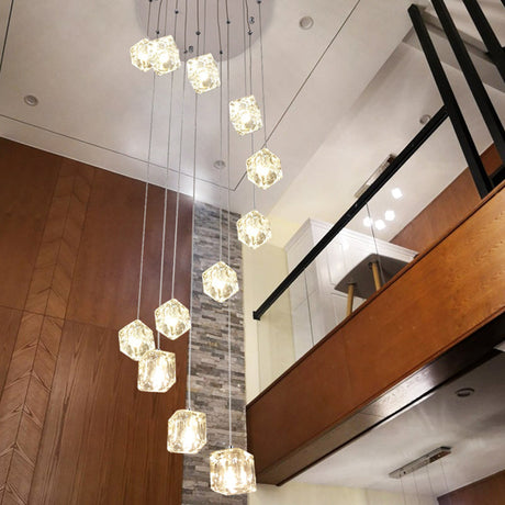 Simplicity Clear Glass Multi-Light Pendant - 12 Heads Spiral Square Design Chrome Finish- Ideal For