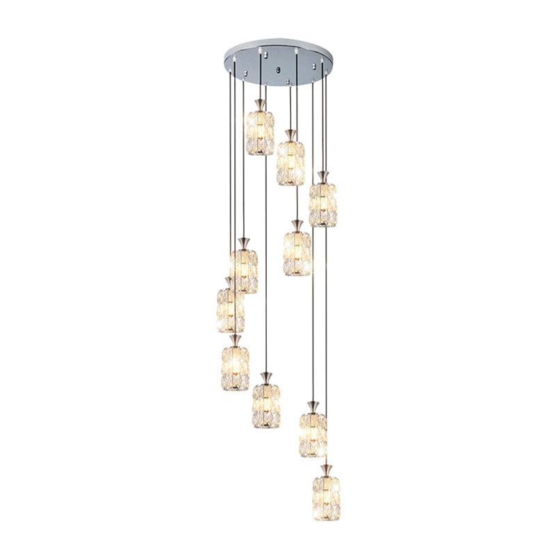 Modern Crystal-Encrusted Cylinder Ceiling Lamp - 10 Bulb Suspension Fixture For Staircase