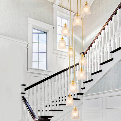 Gold 10-Light Staircase Hanging Pendant With Lattice Glass Bell Shades - Simplicity Collection