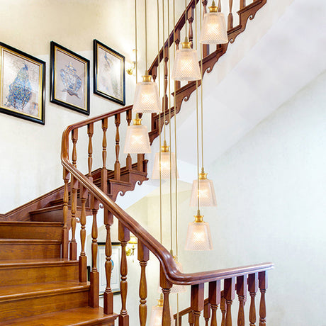 Gold 10-Light Staircase Hanging Pendant With Lattice Glass Bell Shades - Simplicity Collection