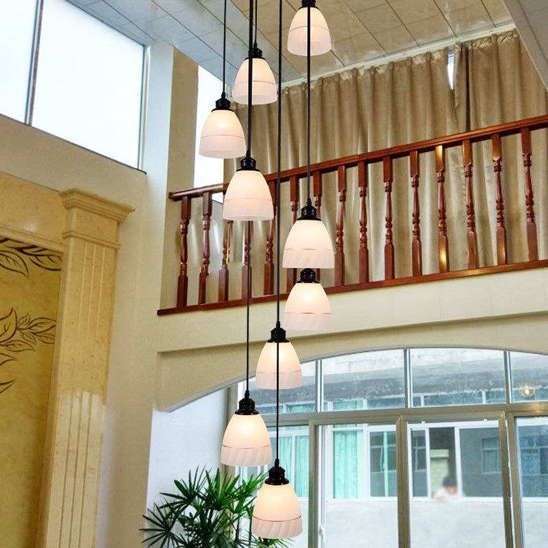 Contemporary White Glass Bell Suspension Light - 10-Head Staircase Multi Pendant In Black