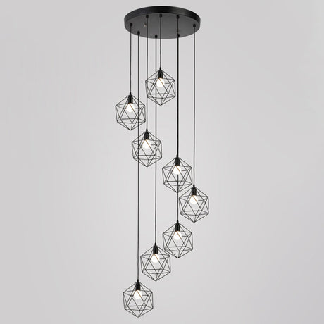Metallic Geometric Cage Ceiling Light Fixture For Staircase Suspension 8 / Black A