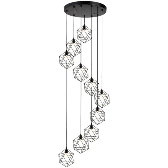 Metallic Geometric Cage Ceiling Light Fixture For Staircase Suspension