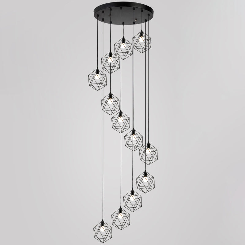Metallic Geometric Cage Ceiling Light Fixture For Staircase Suspension 12 / Black A