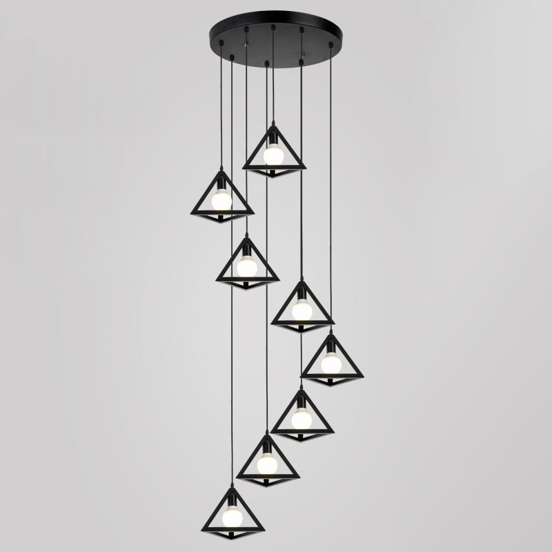 Metallic Geometric Cage Ceiling Light Fixture For Staircase Suspension