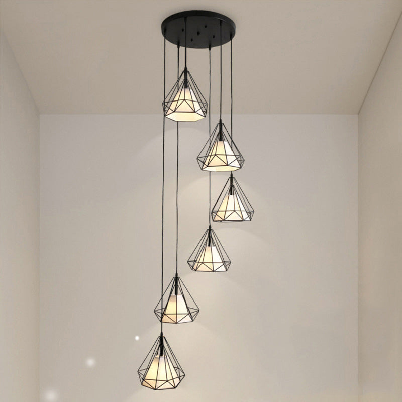 Diamond Cage Hanging Light With Metallic Staircase Design - Black Pendant Inner Cone Shade