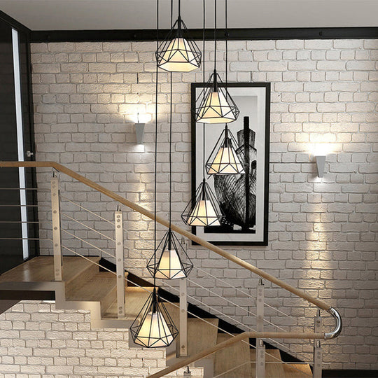 Simplicity Diamond Cage Hanging Light: Metallic Staircase Multi-Light Pendant In Black With Inner