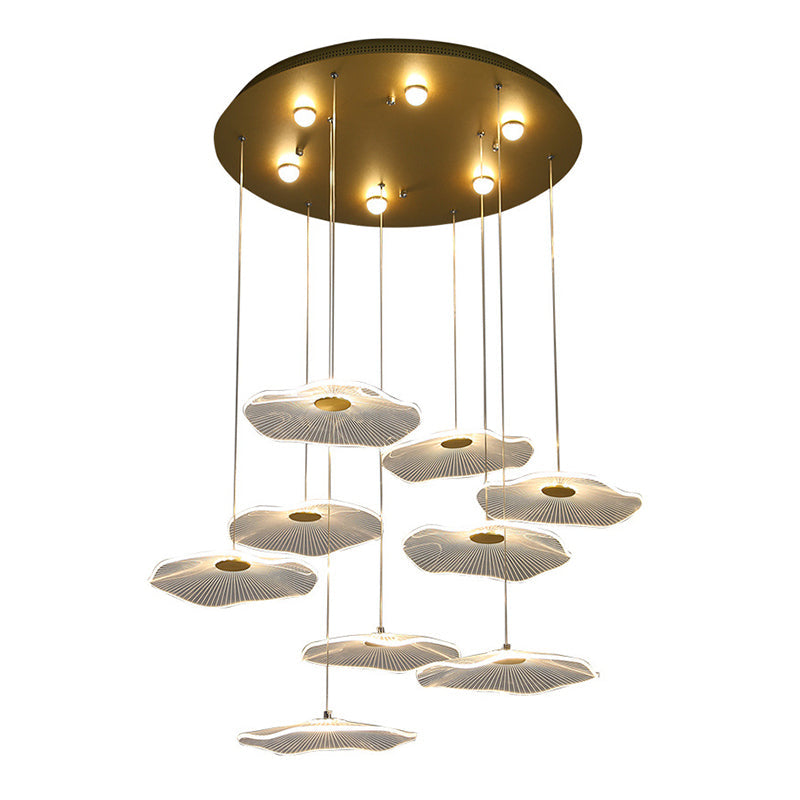 Contemporary Gold Staircase Led Pendant Light With Lotus Leaf Design