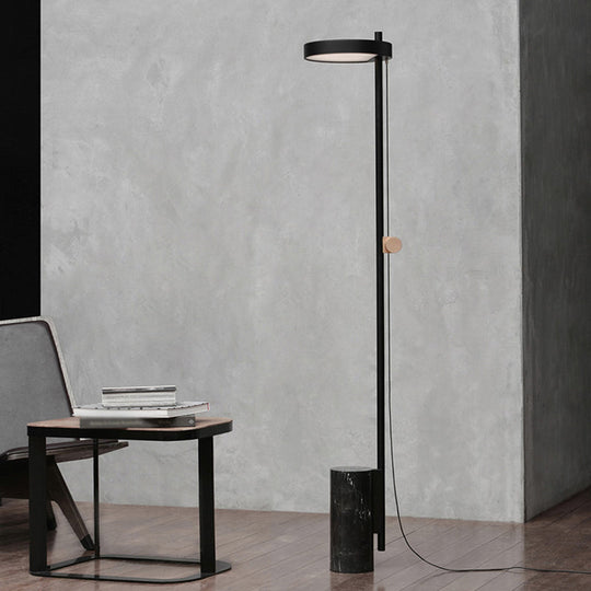 Nordic Style Marble Black Led Floor Lamp With Elongated Arm - Cylinder Base Standing Light