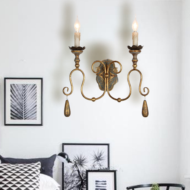 Retro 2-Head Metal Wall Sconce With Swirled Gold Arm - Corridor Lighting