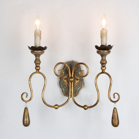 Retro 2-Head Metal Wall Sconce With Swirled Gold Arm - Corridor Lighting