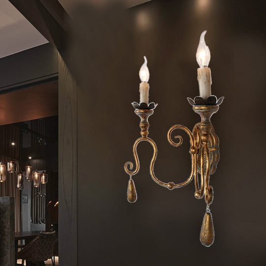 Retro 2-Head Metal Wall Sconce With Swirled Gold Arm - Corridor Lighting