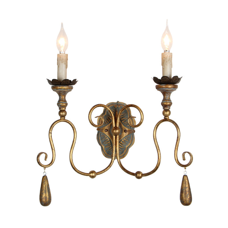 Retro 2-Head Metal Wall Sconce With Swirled Gold Arm - Corridor Lighting