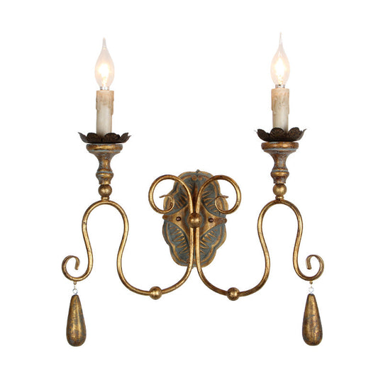 Retro 2-Head Metal Wall Sconce With Swirled Gold Arm - Corridor Lighting