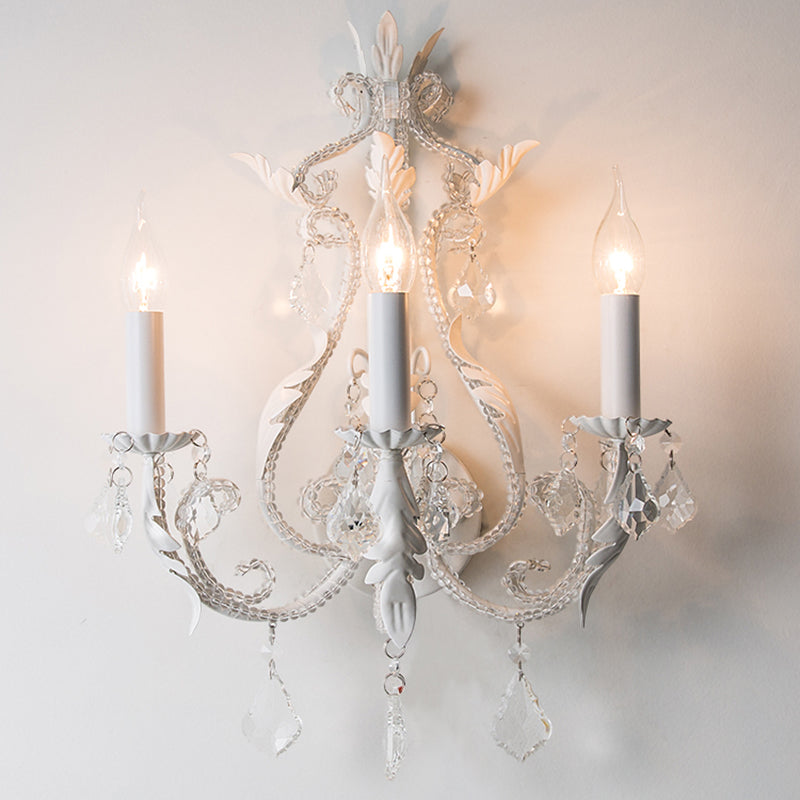 Traditional Candlestick Wall Mount Light With Crystal Draping - White