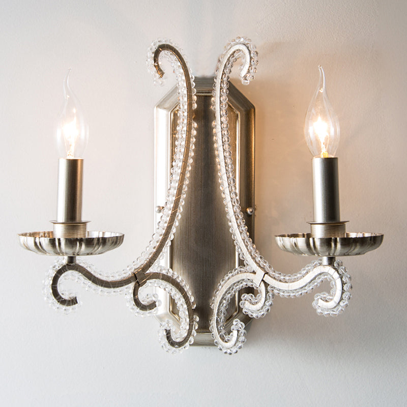 Vintage Wall Mount Candelabra Light Fixture With Crystal Beaded Arm - Metallic