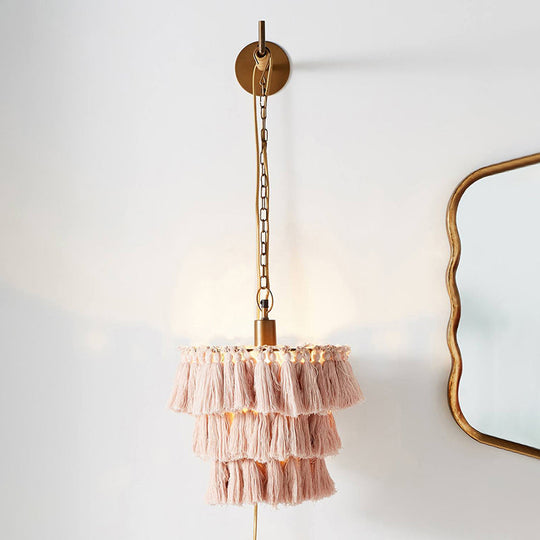 Round Tassel Wall Mount Pendant Light With Retro Style For Single Bedroom Gold / Pink