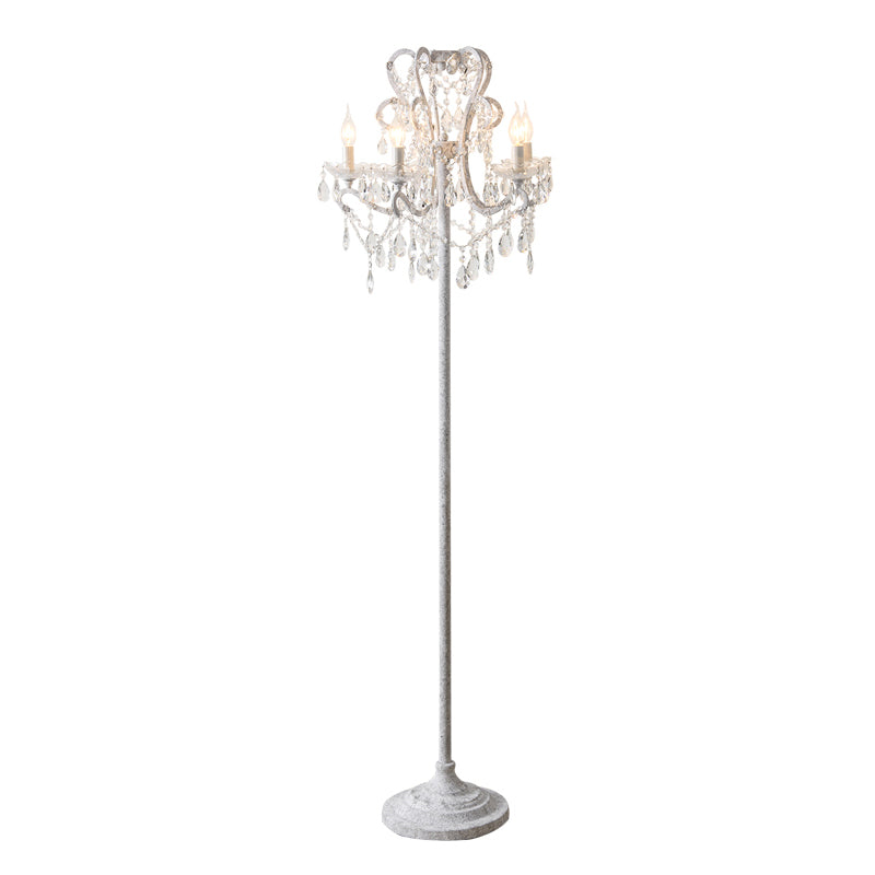 Candle Metallic Stand Up Lamp Traditional 5 Heads Living Room Floor Lighting With Crystal Draping
