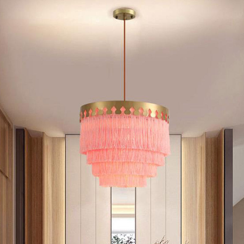 Gold Fringed Single-Bulb Living Room Pendant Light Fixture - Tiered Suspension Design / Pink