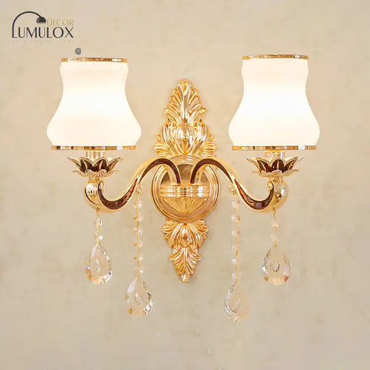 Opal Glass K9 Crystal Wall Light Classic Living Room Lighting Fixture With Accent In Gold