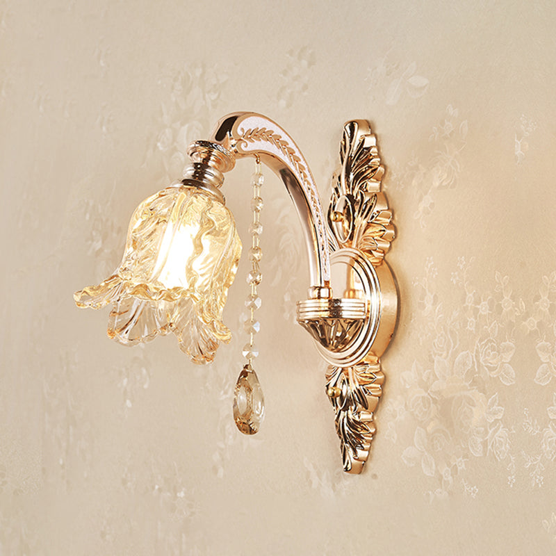 Simplicity Cream Glass Flower Wall Light With Gold Finish And Crystal Draping 1 / C