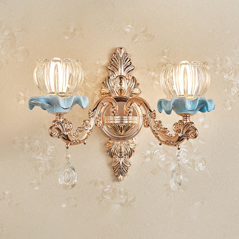 Simplicity Cream Glass Flower Wall Light With Gold Finish And Crystal Draping 2 / B