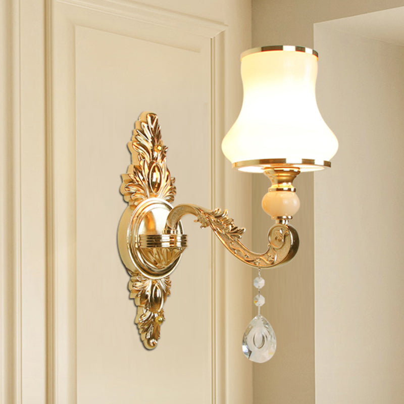Opal Glass Gold Wall Light With Flower Shade And Crystal Accent - Antique Lighting Fixture 1 /