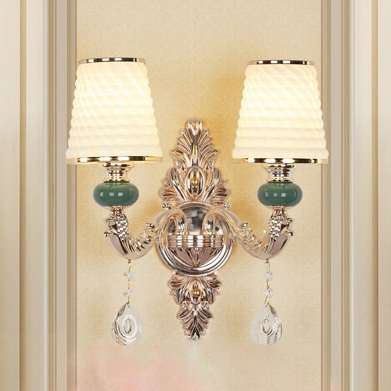 Classic Wall Mount Light With Textured Glass And Hanging Crystal In Gold 2 / A