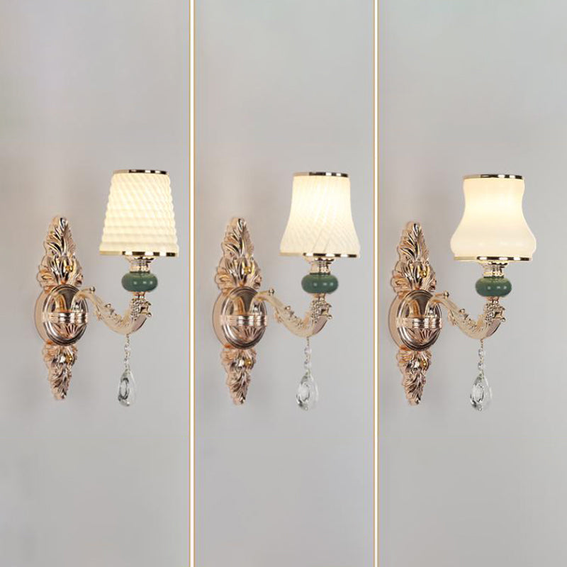 Classic Wall Mount Light With Textured Glass And Hanging Crystal In Gold