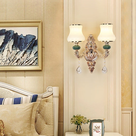 Classic Wall Mount Light With Textured Glass And Hanging Crystal In Gold 2 / C