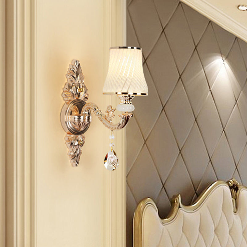 Vintage Gold Glass Wall Light With Crystal Draping - Tapered Textured Design For Corridor And Mount