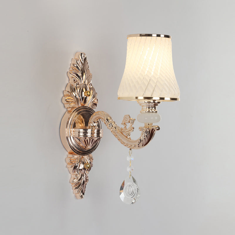 Vintage Gold Glass Wall Light With Crystal Draping - Tapered Textured Design For Corridor And Mount
