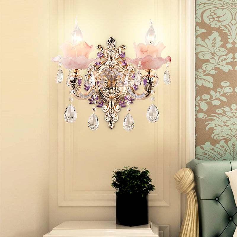 Retro Pink Glass Wall Lamp With Gold Floral Ruffle Design - Elegant Living Room Light Fixture