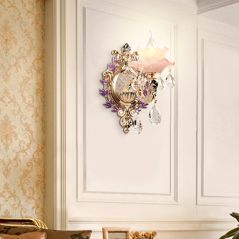 Retro Pink Glass Wall Lamp With Gold Floral Ruffle Design - Elegant Living Room Light Fixture