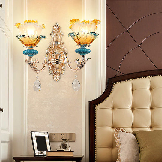 Gold Flower Wall Mount Light With Crystal Draping And Ruffle Glass Fixture 2 /